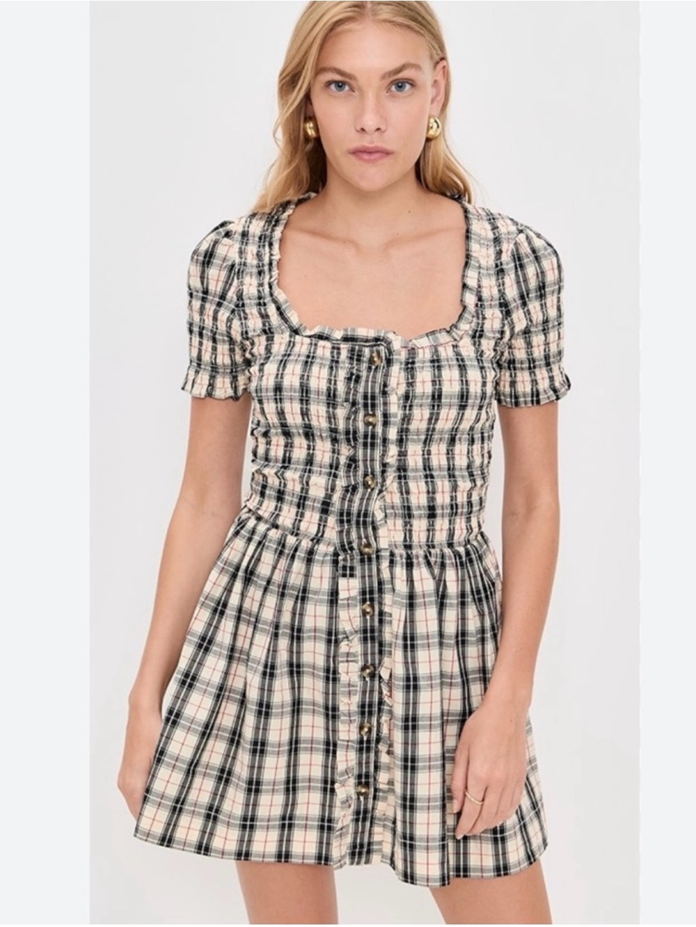 Damson Madder Mansi Smocked Mini Dress Butter Check Size US 12